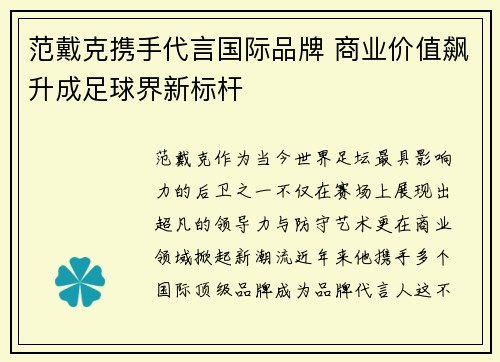 范戴克携手代言国际品牌 商业价值飙升成足球界新标杆